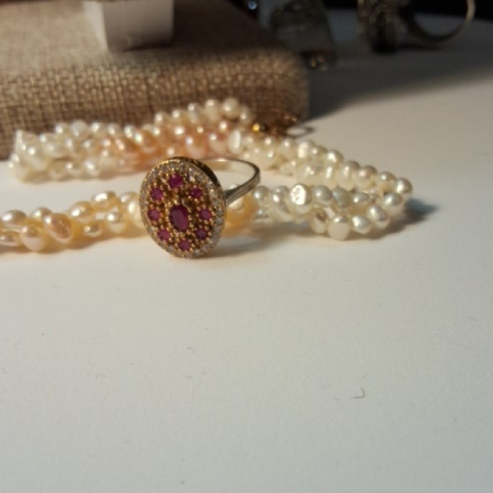 Gold And Red Ruby Ring Surrounded By Crystals And… - image 1